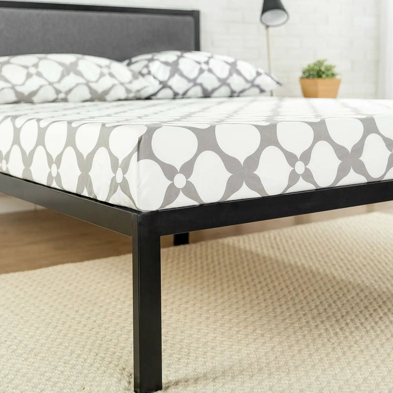 Full size Metal Platform Bed Frame with Wood Slats and Upholstered Headboard by HomePacific