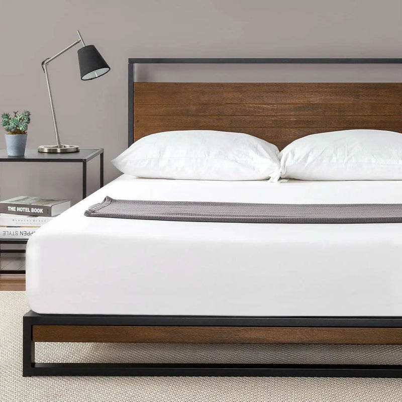 Full size Metal Wood Platform Bed Frame with Headboard by HomePacific