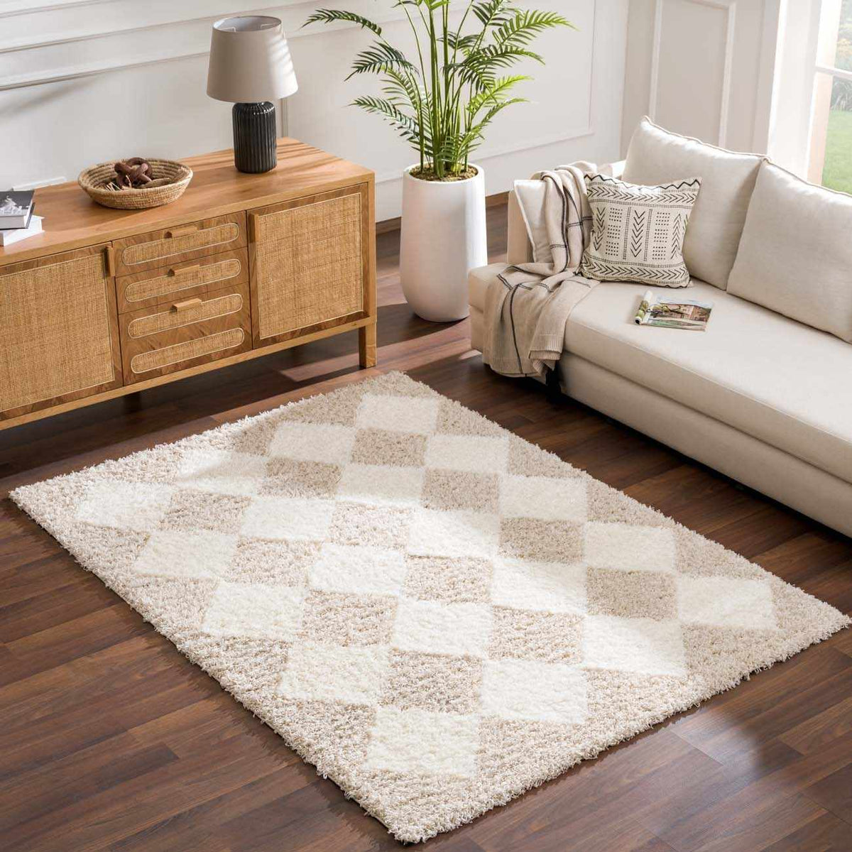 Zahur Cream & Beige Diamond Area Rug, installed in a room
