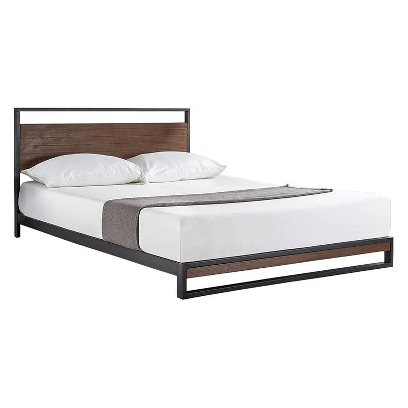Queen size Metal Wood Platform Bed Frame with Headboard by HomePacific