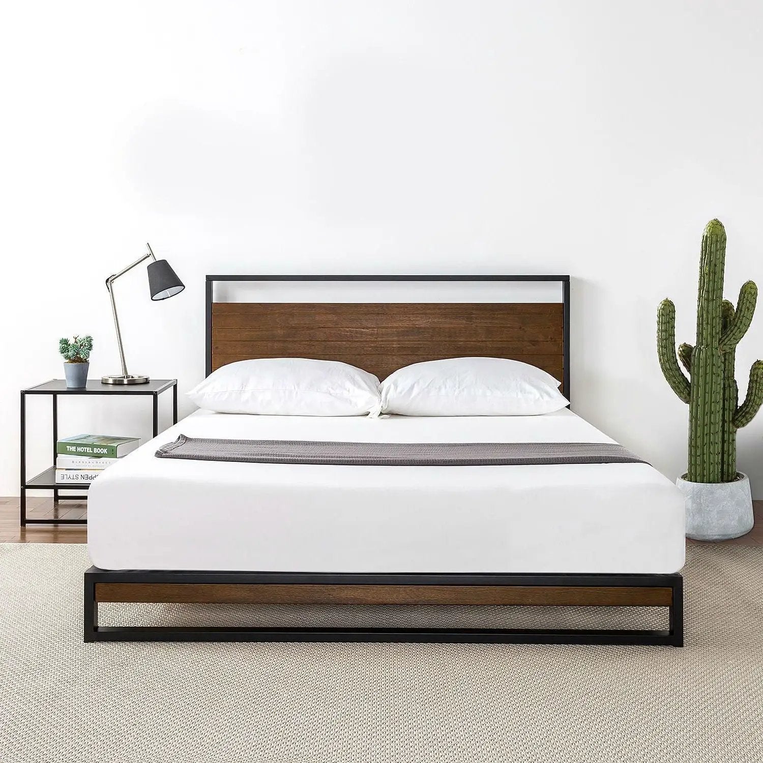Queen size Metal Wood Platform Bed Frame with Headboard by HomePacific