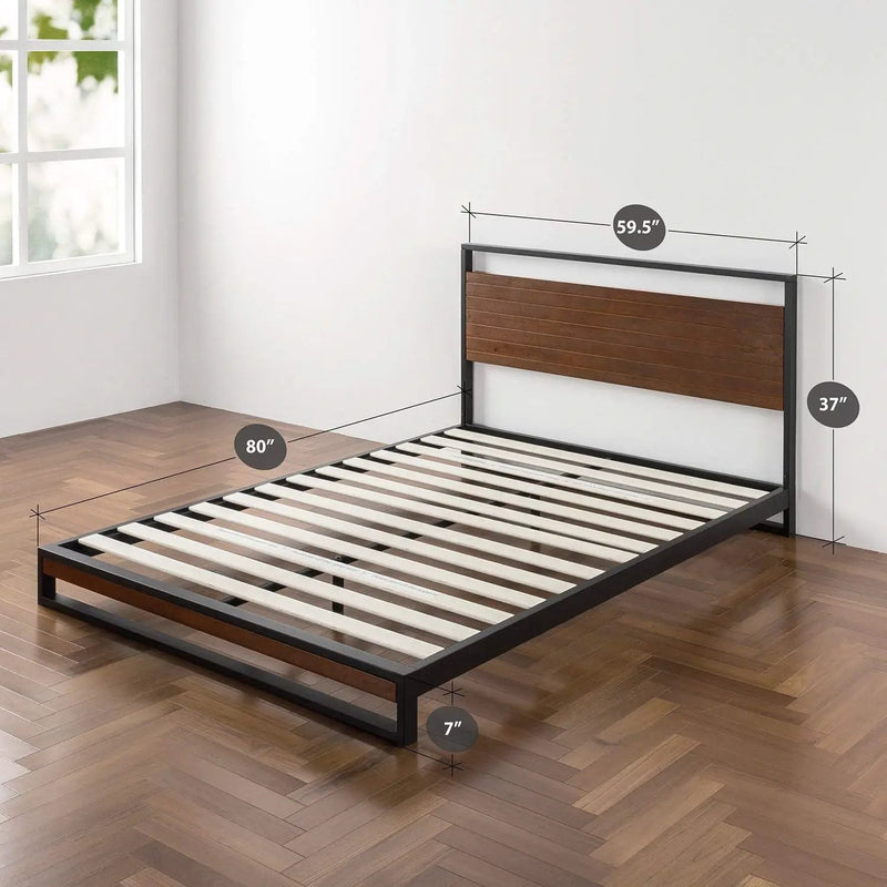 Queen size Metal Wood Platform Bed Frame with Headboard by HomePacific