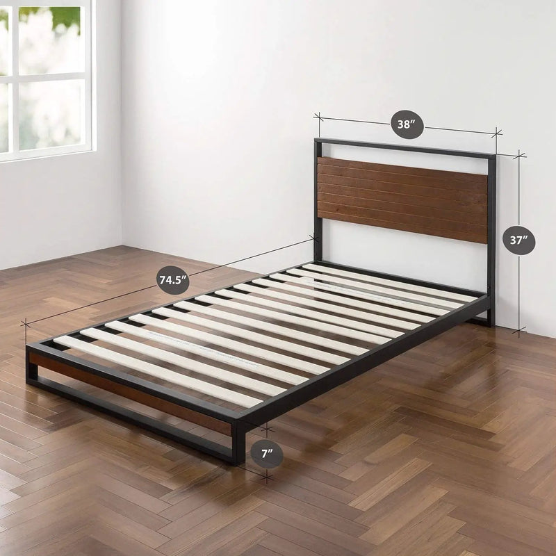 Twin size Metal Wood Platform Bed Frame with Headboard by HomePacific