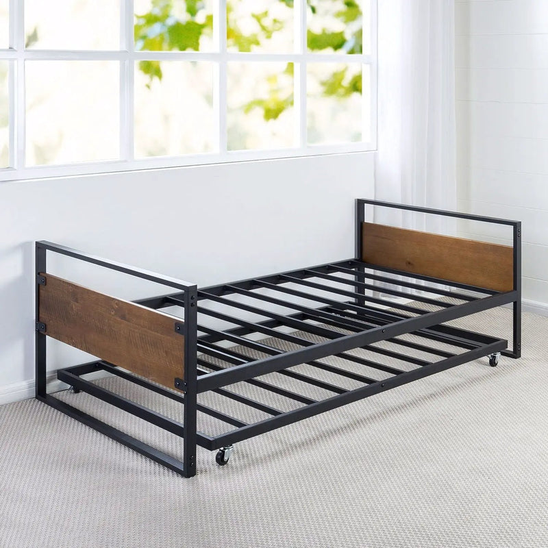 Twin size Metal Wood Daybed Frame with Roll Out Trundle Bed by HomePacific