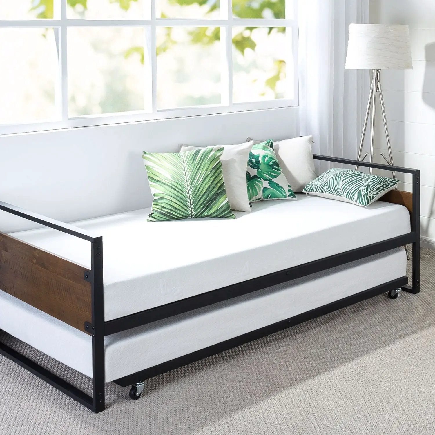 Twin size Metal Wood Daybed Frame with Roll Out Trundle Bed by HomePacific
