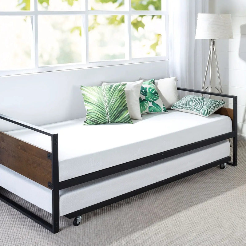 Twin size Metal Wood Daybed Frame with Roll Out Trundle Bed by HomePacific