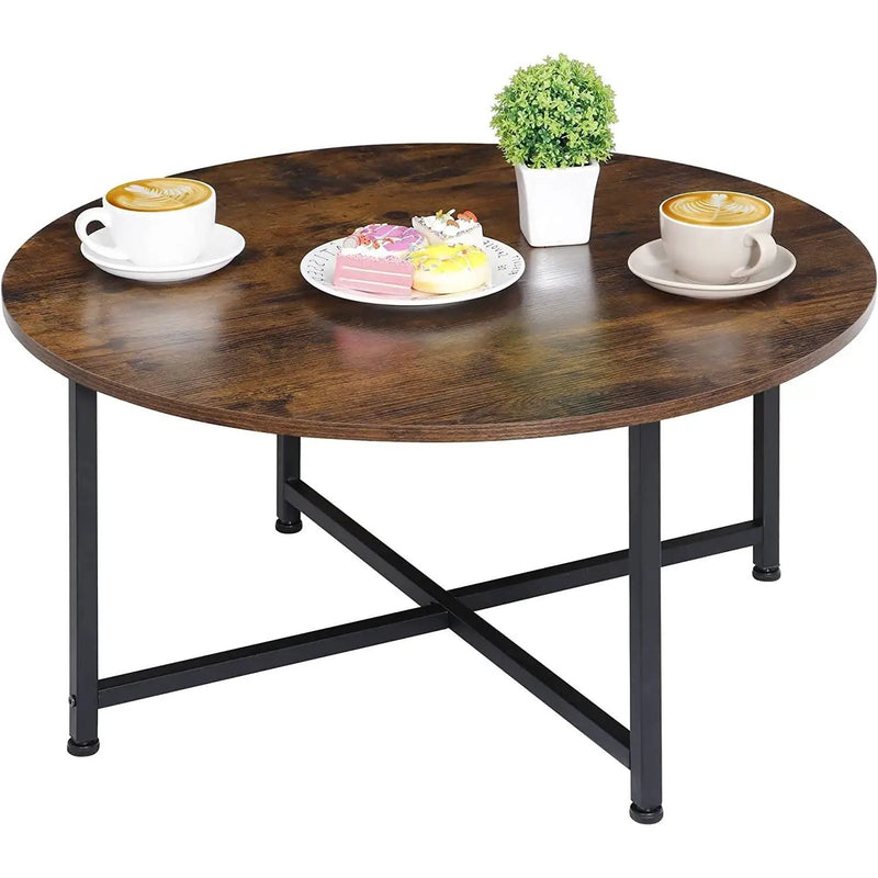 Modern Round Industrial Coffee Table with Rustic Brown Wood Top by HomePacific