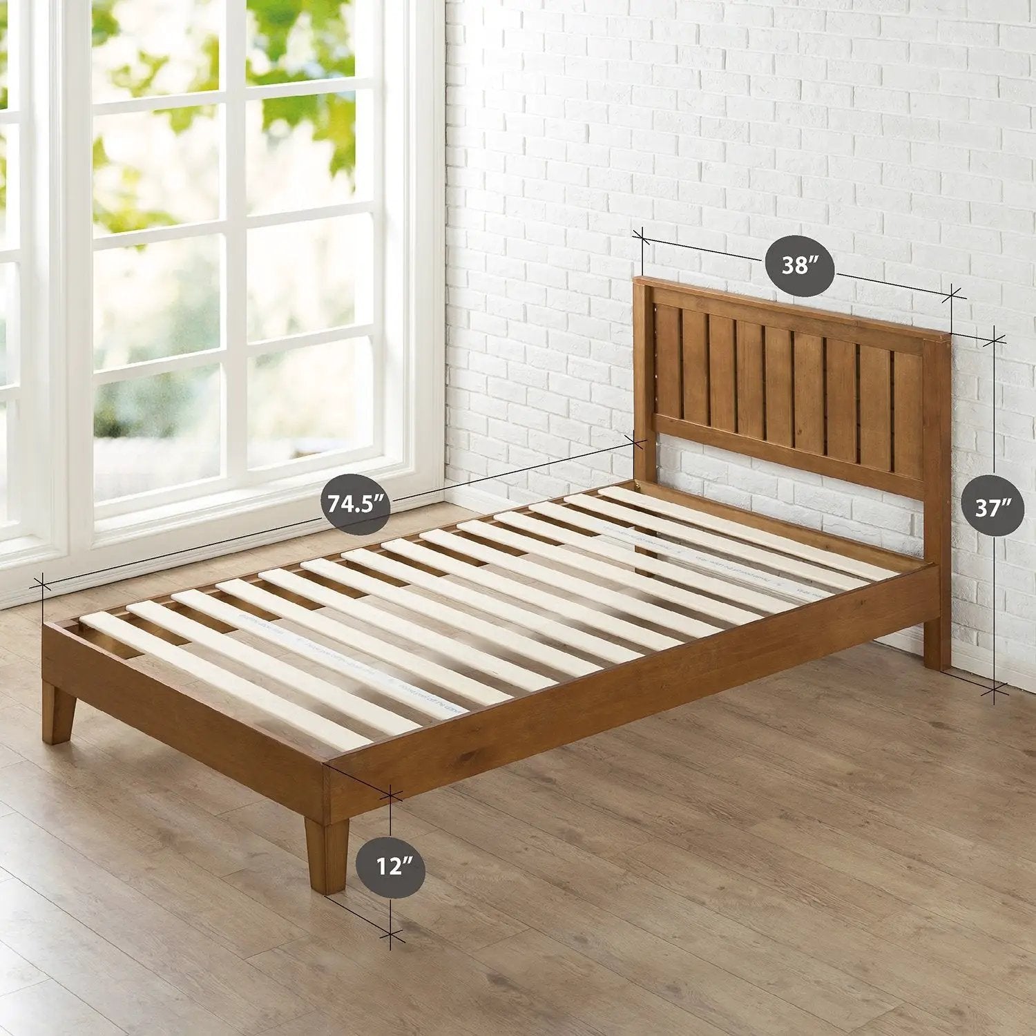 Twin Solid Wood Platform Bed Frame with Headboard in Medium Brown Finish by HomePacific