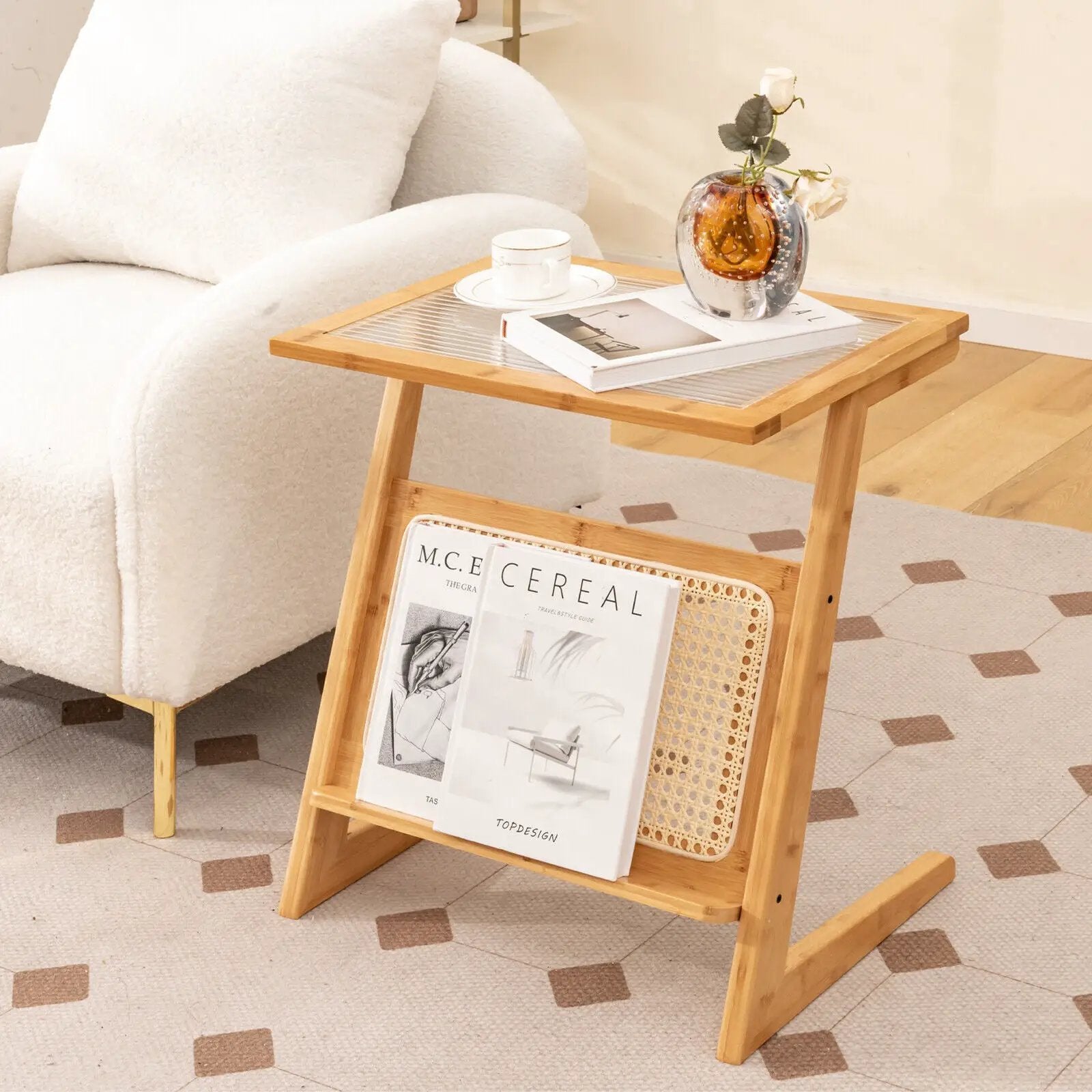 Z-shaped End Table with Magazine Rack and Rattan Shelf-Natural by DirectDeals