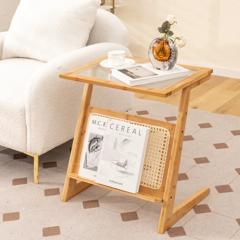 Z-shaped End Table with Magazine Rack and Rattan Shelf-Natural by DirectDeals