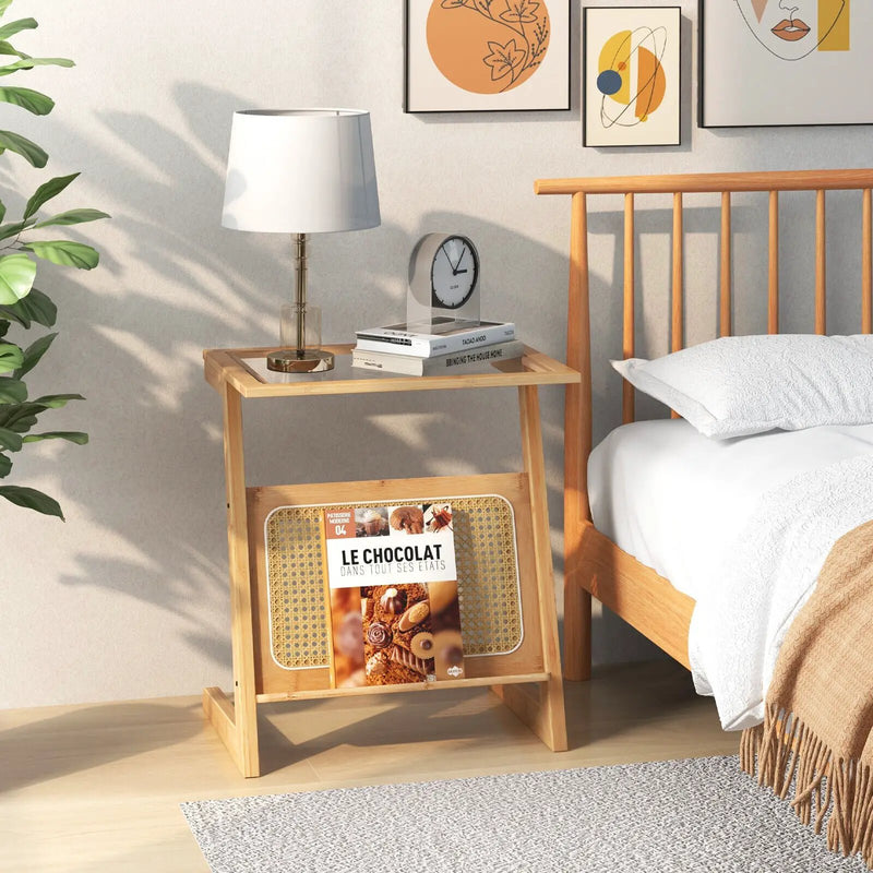Z-shaped End Table with Magazine Rack and Rattan Shelf-Natural by DirectDeals