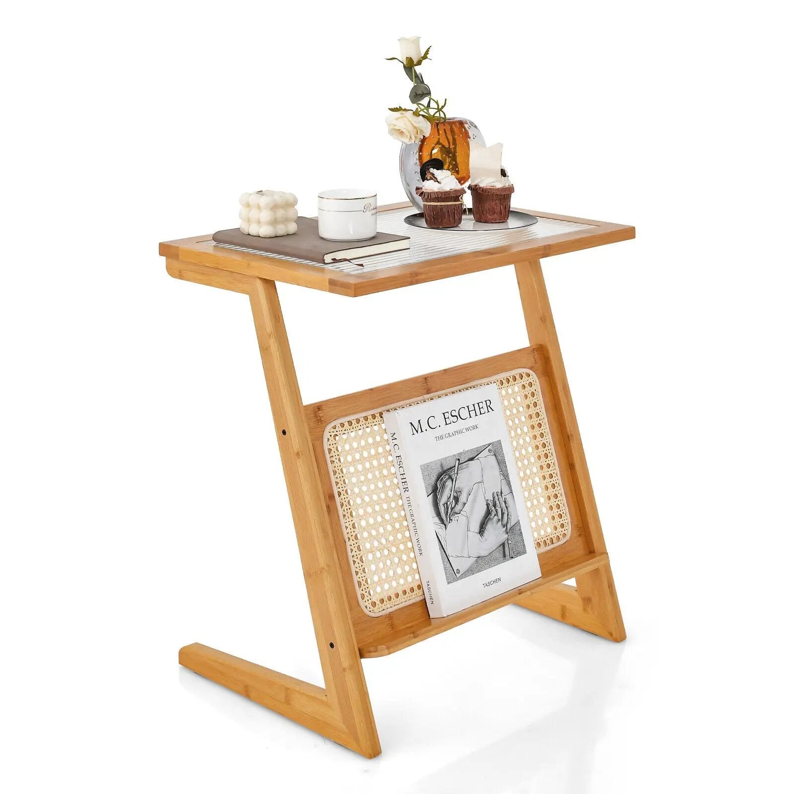 Z-shaped End Table with Magazine Rack and Rattan Shelf-Natural by DirectDeals