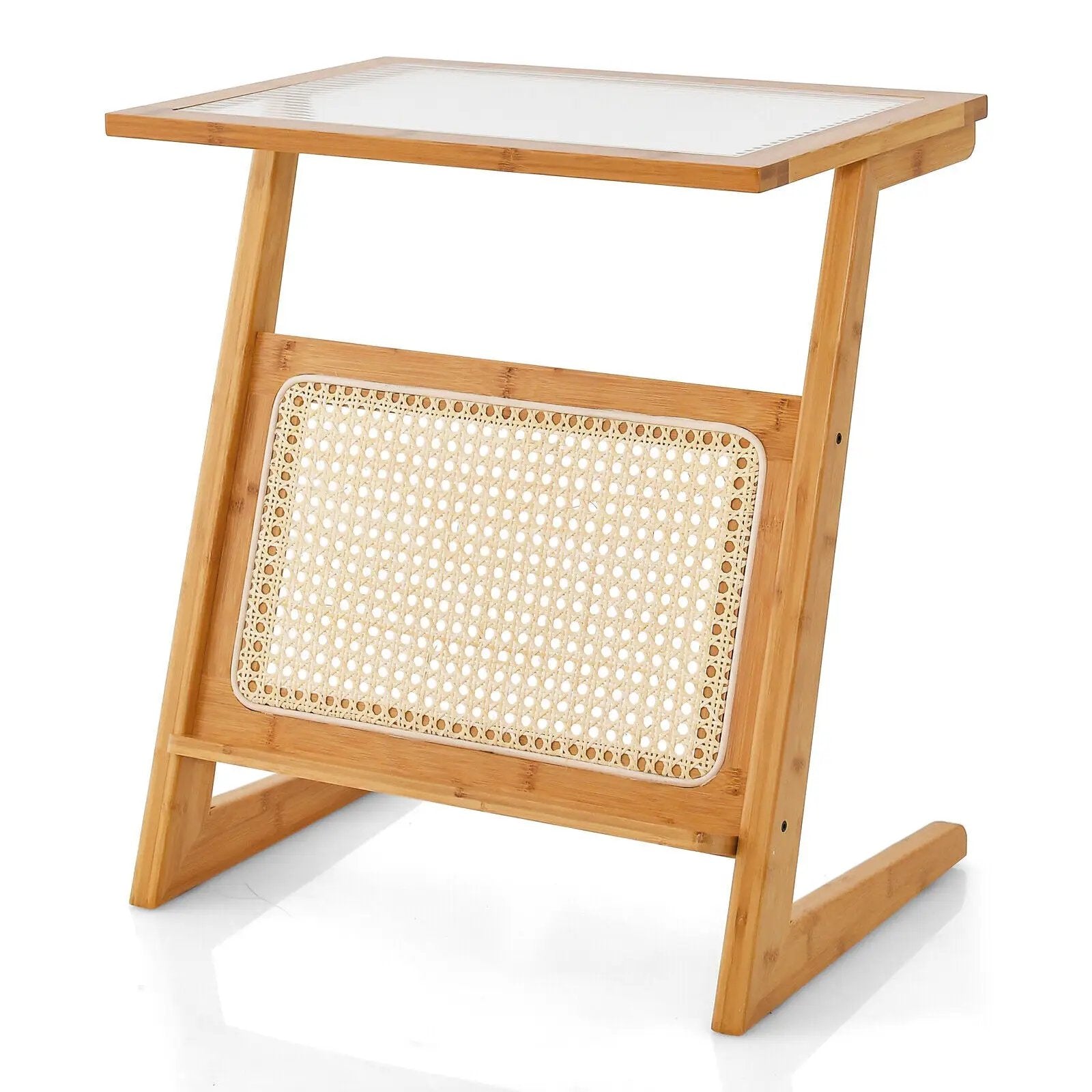 Z-shaped End Table with Magazine Rack and Rattan Shelf-Natural by DirectDeals