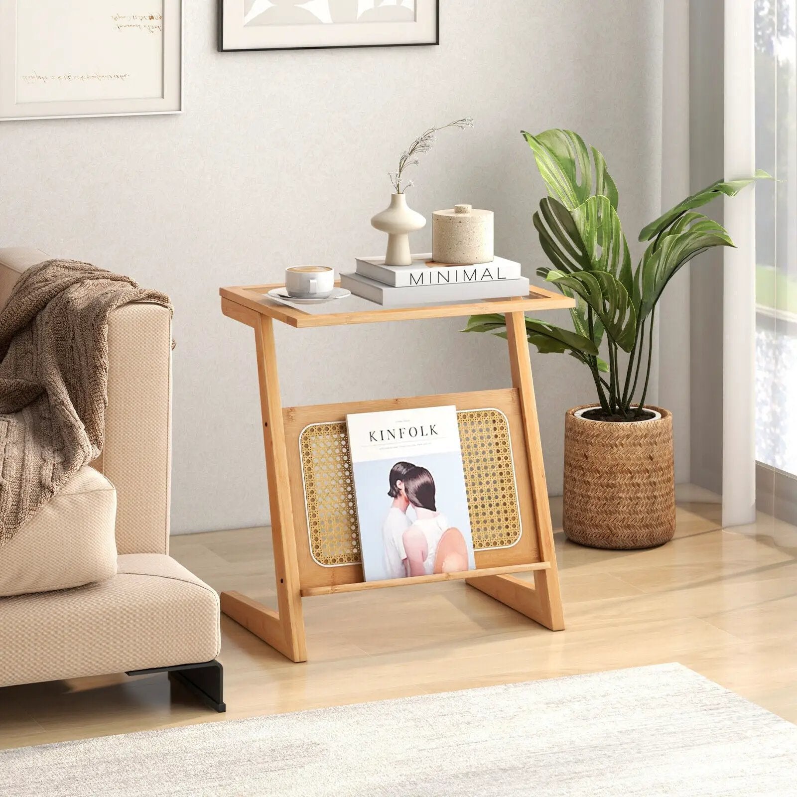 Z-shaped End Table with Magazine Rack and Rattan Shelf-Natural by DirectDeals