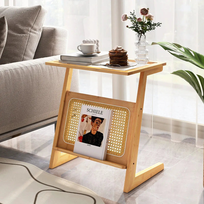 Z-shaped End Table with Magazine Rack and Rattan Shelf-Natural by DirectDeals