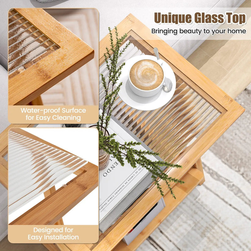 Z-shaped End Table with Magazine Rack and Rattan Shelf-Natural by DirectDeals