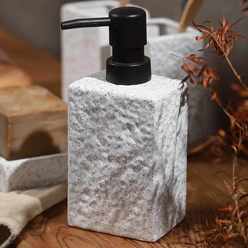 A 4pcs Set Featuring a Minimalist Nordic Design in Ceramic, Including a Stone-Patterned Wash Cup Set, Lotion Bottle, Soap Dish, Bathroom Cleaning Bottles, Mouthwash Cup, Bathroom Essentials, Bathroom Accessories, Perfect As a by House Of Avana