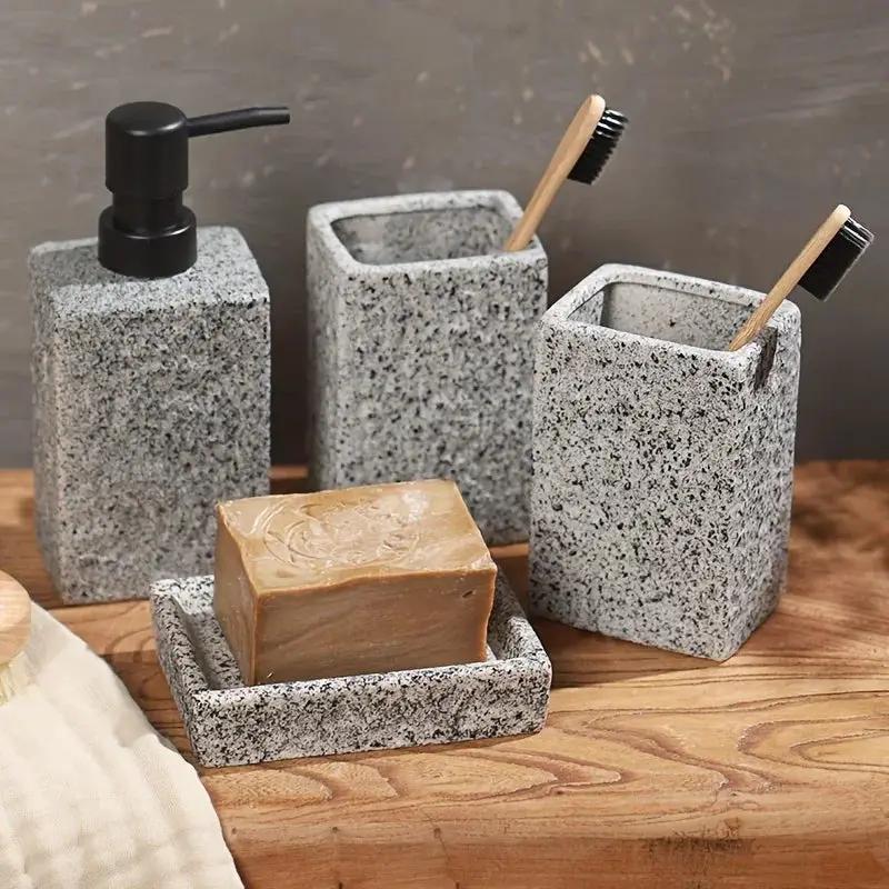 A 4pcs Set Featuring a Minimalist Nordic Design in Ceramic, Including a Stone-Patterned Wash Cup Set, Lotion Bottle, Soap Dish, Bathroom Cleaning Bottles, Mouthwash Cup, Bathroom Essentials, Bathroom Accessories, Perfect As a by House Of Avana