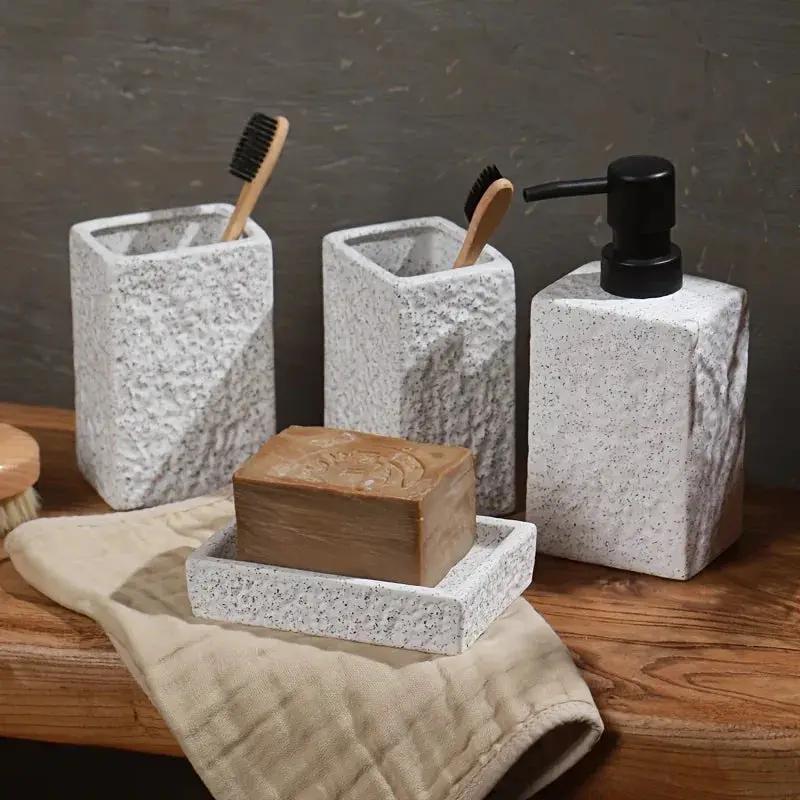 A 4pcs Set Featuring a Minimalist Nordic Design in Ceramic, Including a Stone-Patterned Wash Cup Set, Lotion Bottle, Soap Dish, Bathroom Cleaning Bottles, Mouthwash Cup, Bathroom Essentials, Bathroom Accessories, Perfect As a by House Of Avana