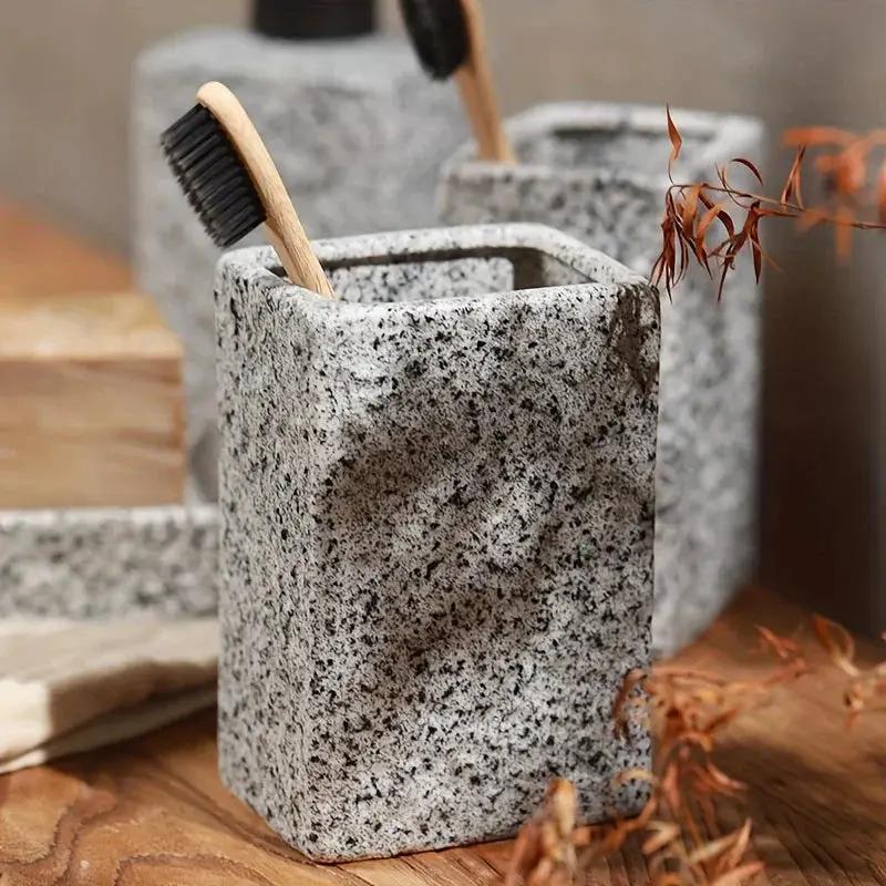 A 4pcs Set Featuring a Minimalist Nordic Design in Ceramic, Including a Stone-Patterned Wash Cup Set, Lotion Bottle, Soap Dish, Bathroom Cleaning Bottles, Mouthwash Cup, Bathroom Essentials, Bathroom Accessories, Perfect As a by House Of Avana