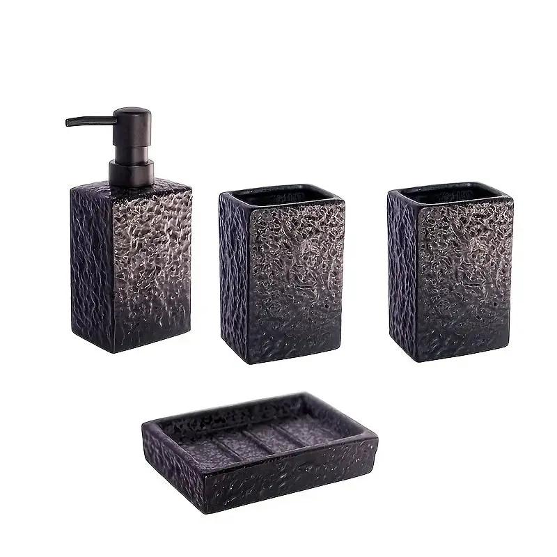A 4pcs Set Featuring a Minimalist Nordic Design in Ceramic, Including a Stone-Patterned Wash Cup Set, Lotion Bottle, Soap Dish, Bathroom Cleaning Bottles, Mouthwash Cup, Bathroom Essentials, Bathroom Accessories, Perfect As a by House Of Avana