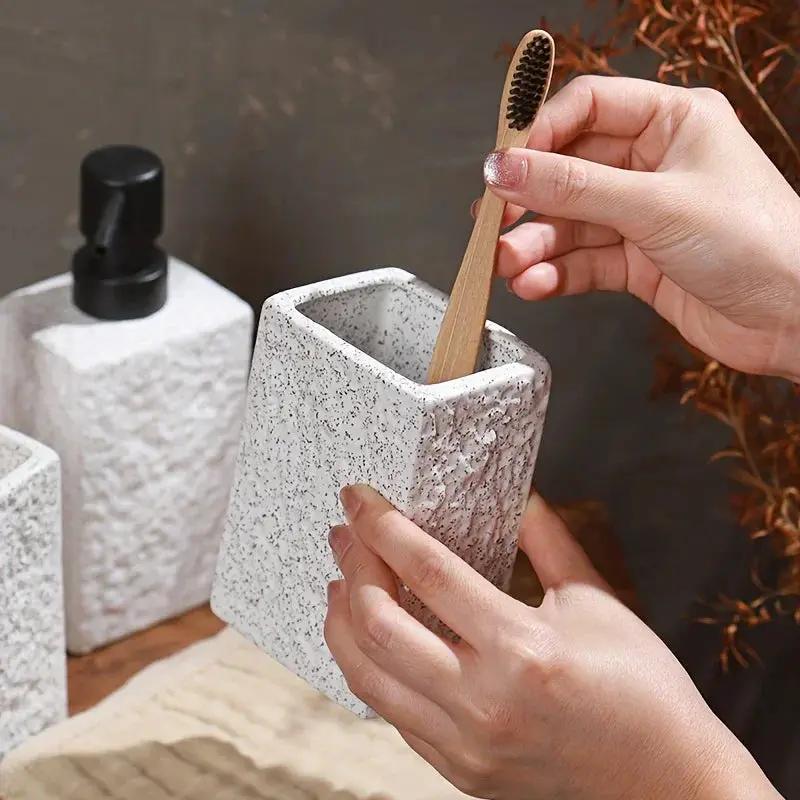 A 4pcs Set Featuring a Minimalist Nordic Design in Ceramic, Including a Stone-Patterned Wash Cup Set, Lotion Bottle, Soap Dish, Bathroom Cleaning Bottles, Mouthwash Cup, Bathroom Essentials, Bathroom Accessories, Perfect As a by House Of Avana