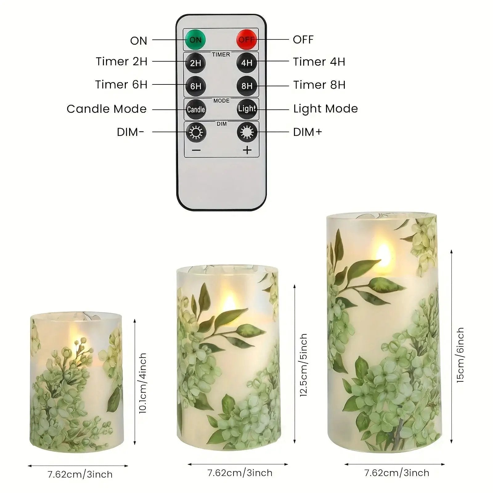 A set of 3 flameless candles, flickering LED pillar candles, with a 10-button remote control. They feature a green floral theme, are suitable for spring and summer, and can be used on the dining tables at wedding venues by House Of Avana