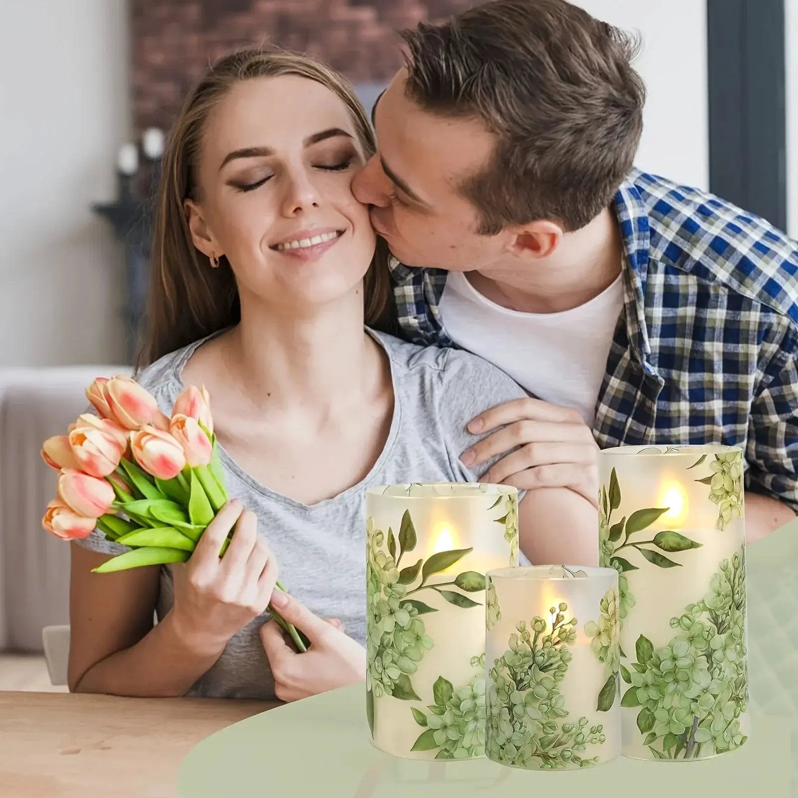 A set of 3 flameless candles, flickering LED pillar candles, with a 10-button remote control. They feature a green floral theme, are suitable for spring and summer, and can be used on the dining tables at wedding venues by House Of Avana
