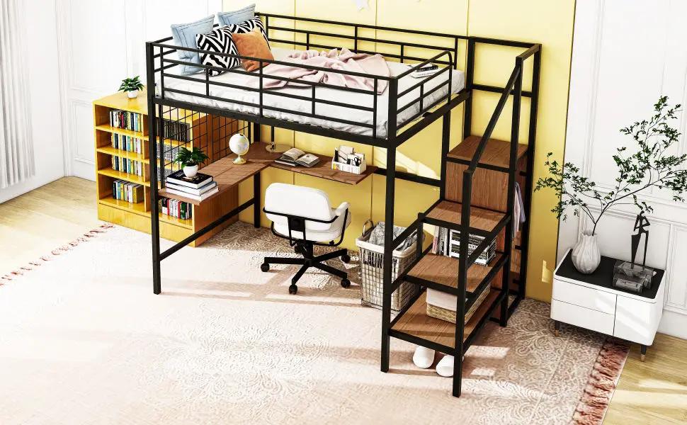 Loft Bed With Desk And Grid, Stylish Frame With Lateral Storage Ladder And Wardrobe by HouseOfZazla