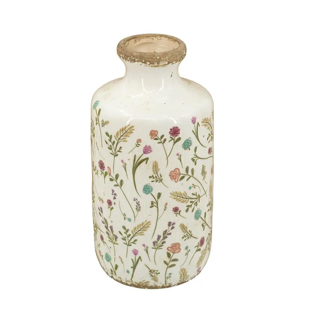 D5.3x10.6' Ceramic Cylinder Vase with Multi-Colored Floral Motifs by HouseOfZazla