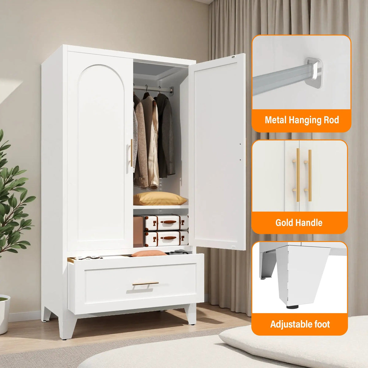 60" Tall Metal Wardrobe Cabinet with Drawer and Hanging Rod by HouseOfZazla