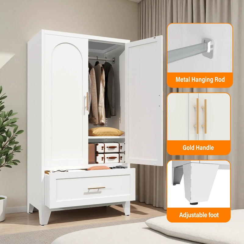 60" Tall Metal Wardrobe Cabinet with Drawer and Hanging Rod by HouseOfZazla