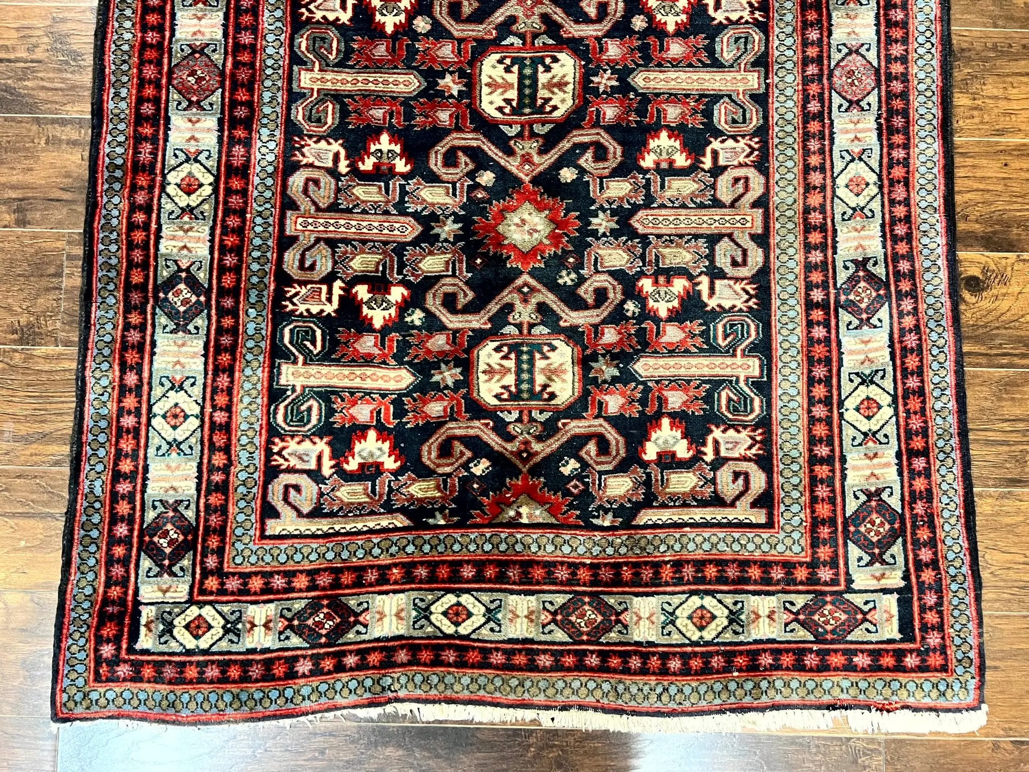 Persian Wide Runner Rug 4.8 x 10, Persian Kalegi Ardabil Rug, Perpedil Caucasian Rug, Antique Handmade Wool Carpet, Navy Blue Red, Tribal Rug by Jewel Rugs