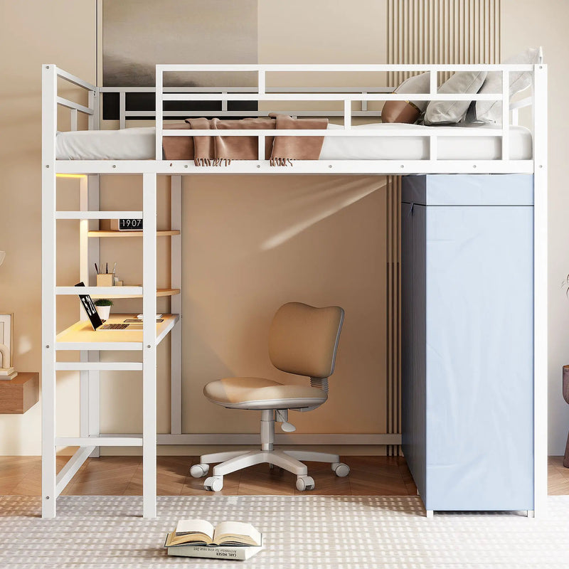 Loft Bed With Desk, Shelves, Power Outlet, LED Light And Wardrobe by HouseOfZazla