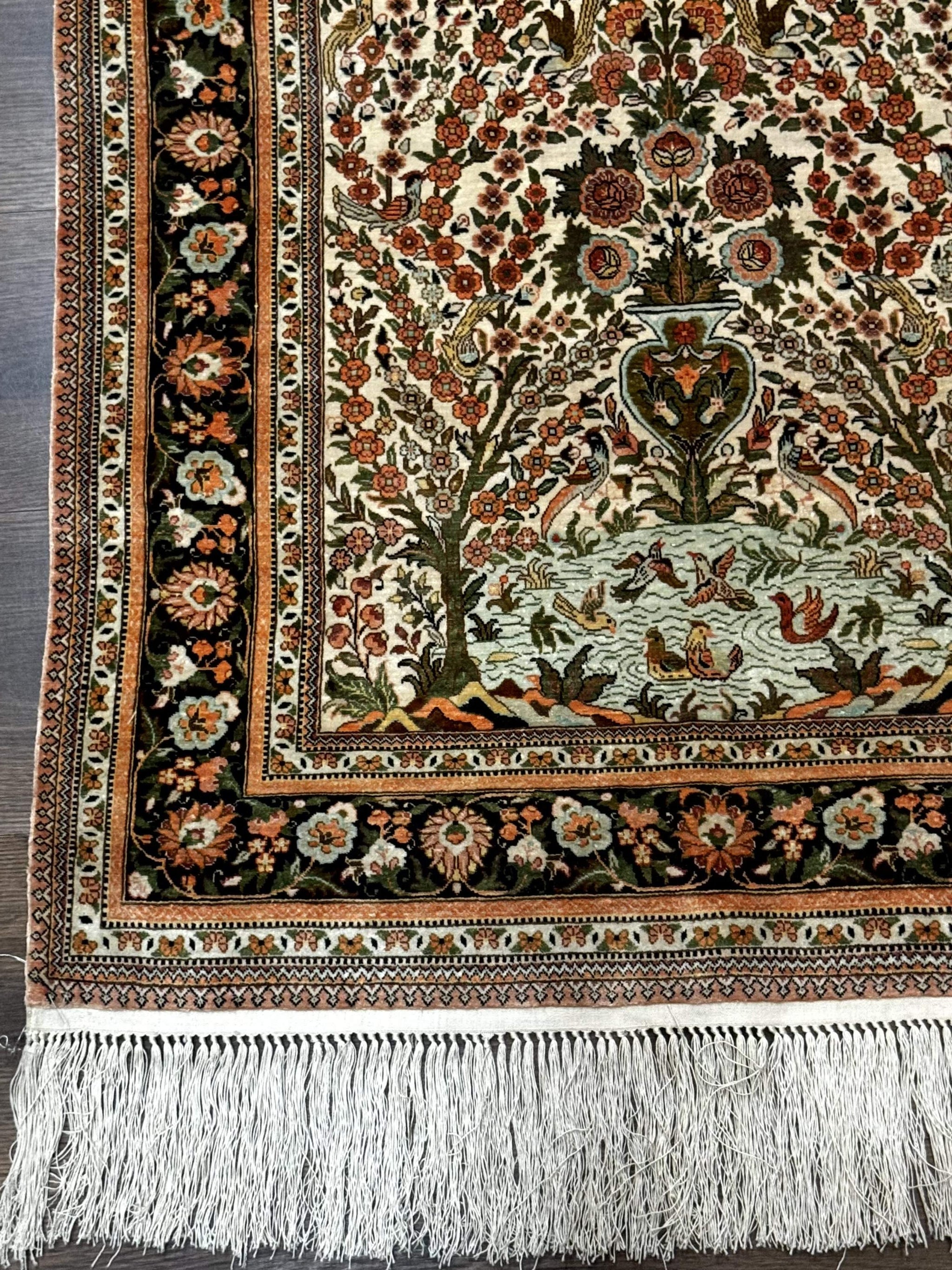 Exceptional Silk Rug 2.6 x 4, Very Fine 630 KPSI, Persian Vase Tree of Life Bird Pictorials, Handmade by Jewel Rugs