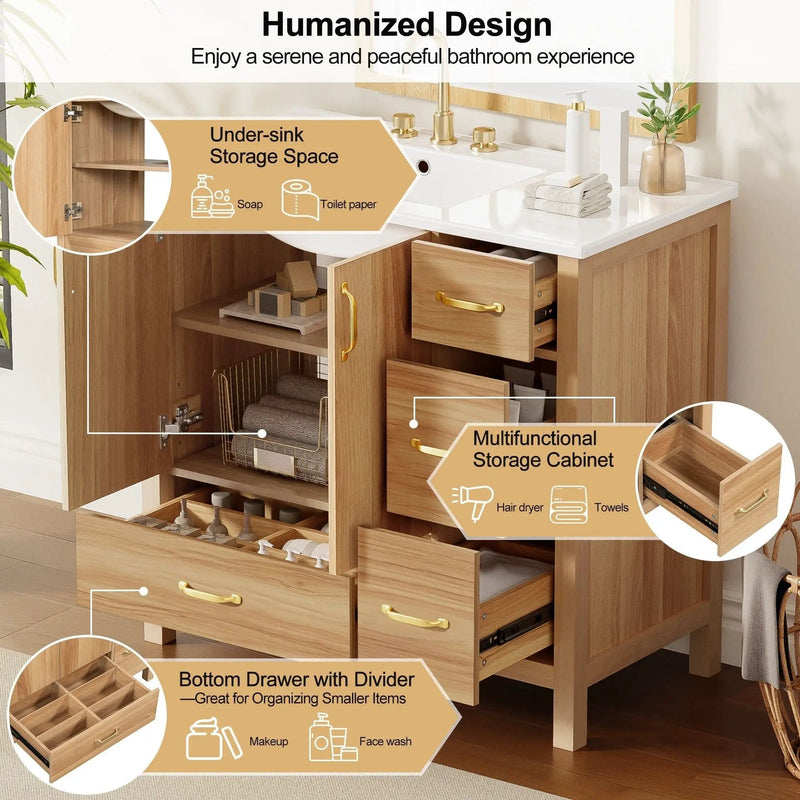 36" Bathroom Vanity, 2 Soft Close Doors, 4 Soft Close Drawers, Adjustable Shelf, Storage Cabinet - Acacia Wood by Unique Piece Furniture