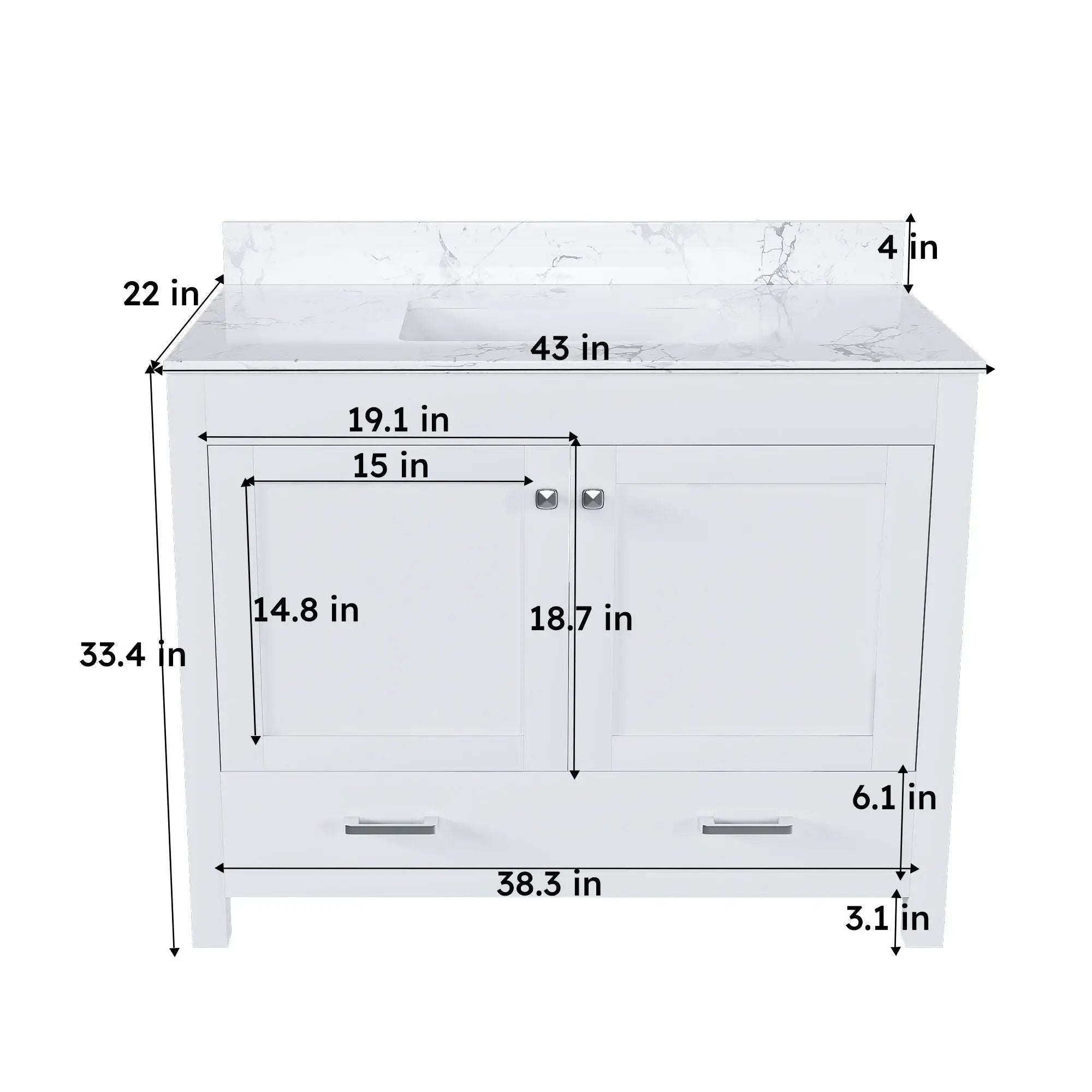 43" Bathroom Vanity With Artificial Marble Carrara Top Set, Multi Functional Cabinet With Doors And Drawer - White by Unique Piece Furniture