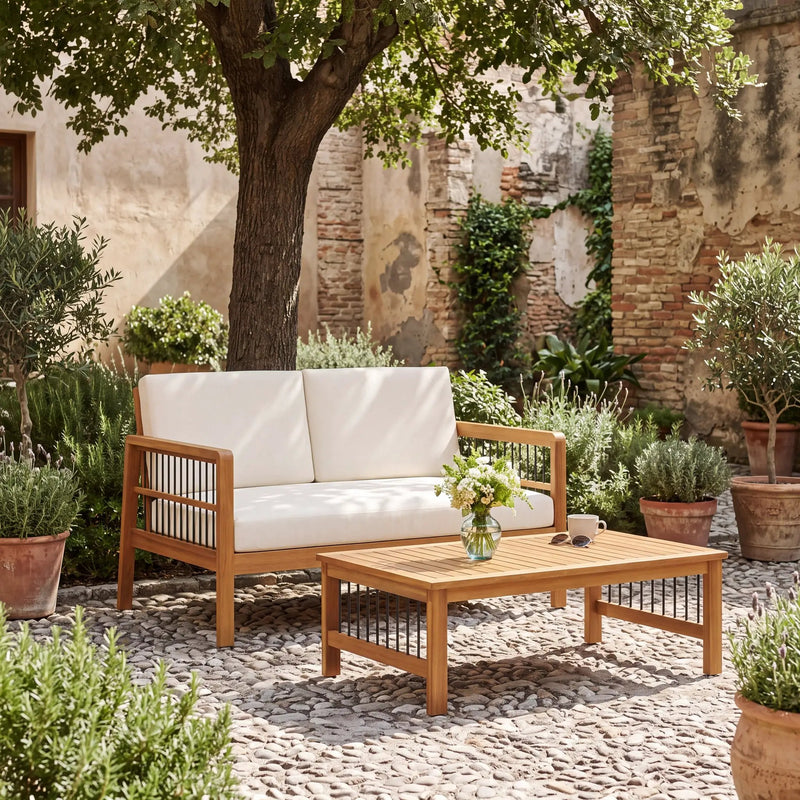 Outdoor Acacia Wood and Iron Loveseat and Coffee Table Set with Cushions, Teak by HouseOfZazla