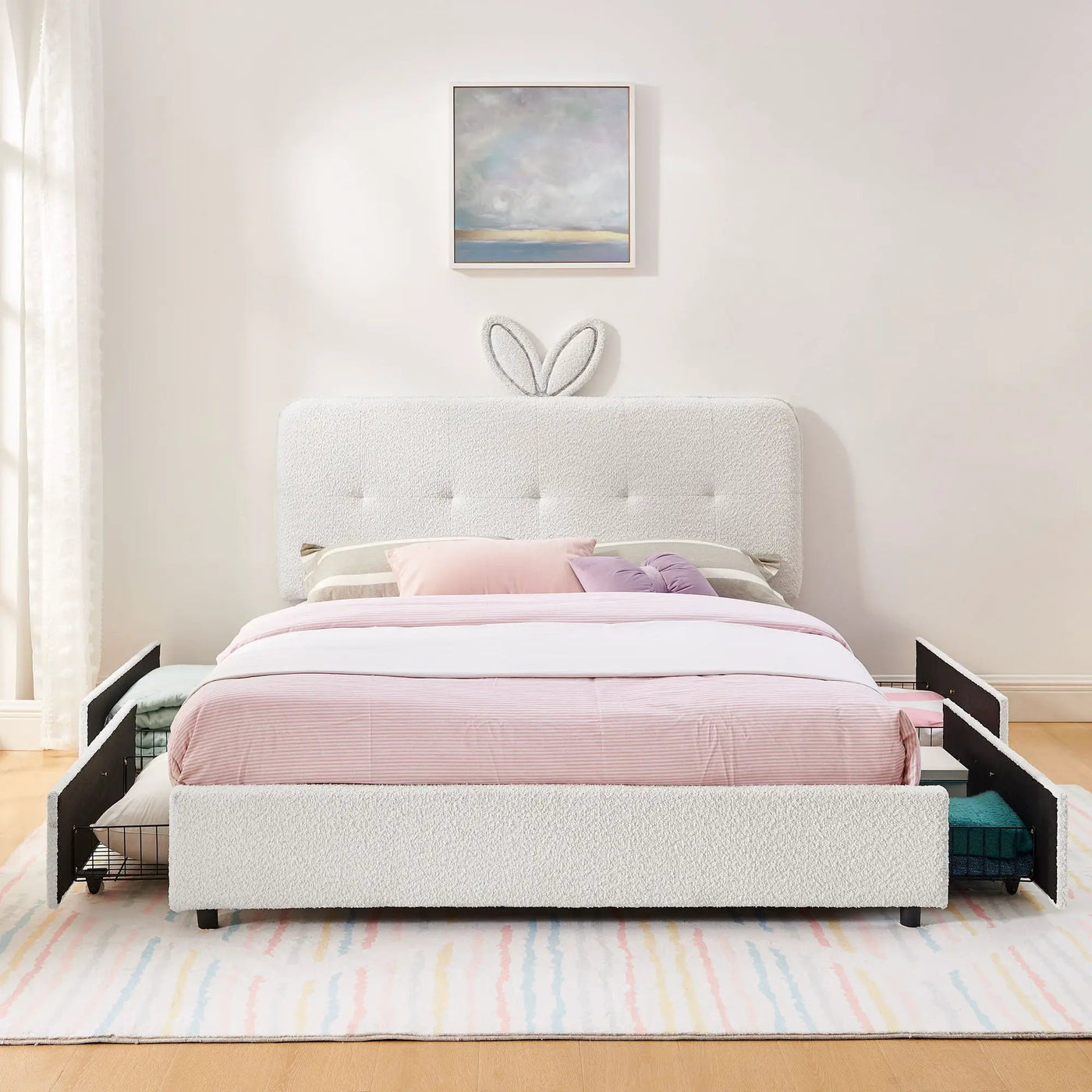 Upholstered Bed With Oversized Rabbit Ear Headboard, LED Lights & 4 Storage Drawers by HouseOfZazla
