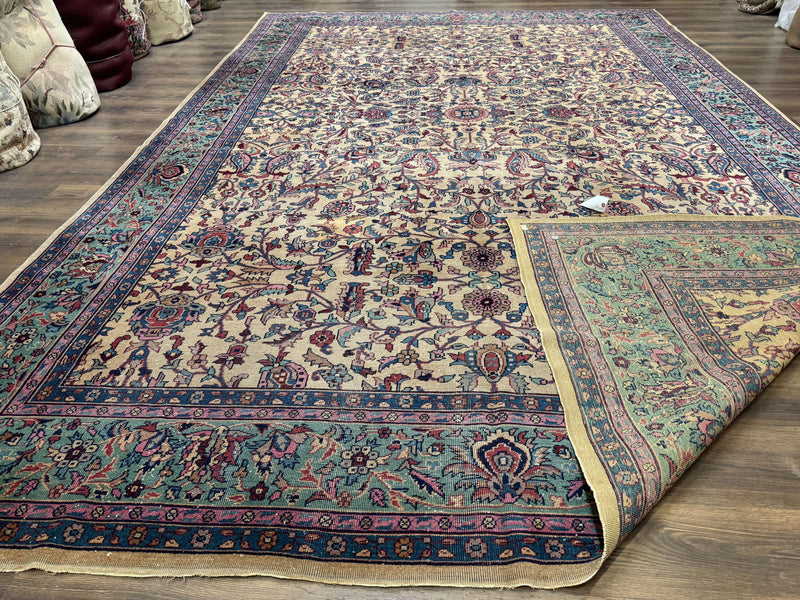 Antique Persian Rug 10x15, Camel and Cyan, Allover Pattern, Rare, Samarkand Rug by Jewel Rugs