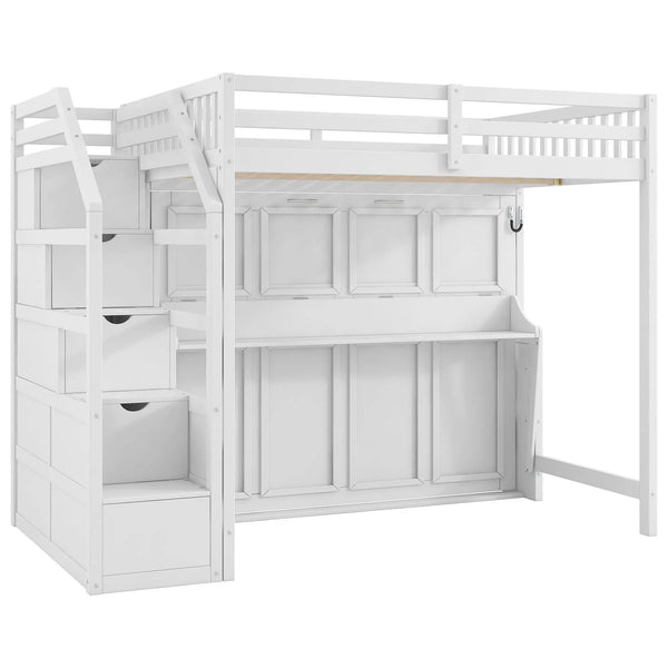 Full Long Loft Bed With Storage Staircase, Murphy Bed, LED Light - White