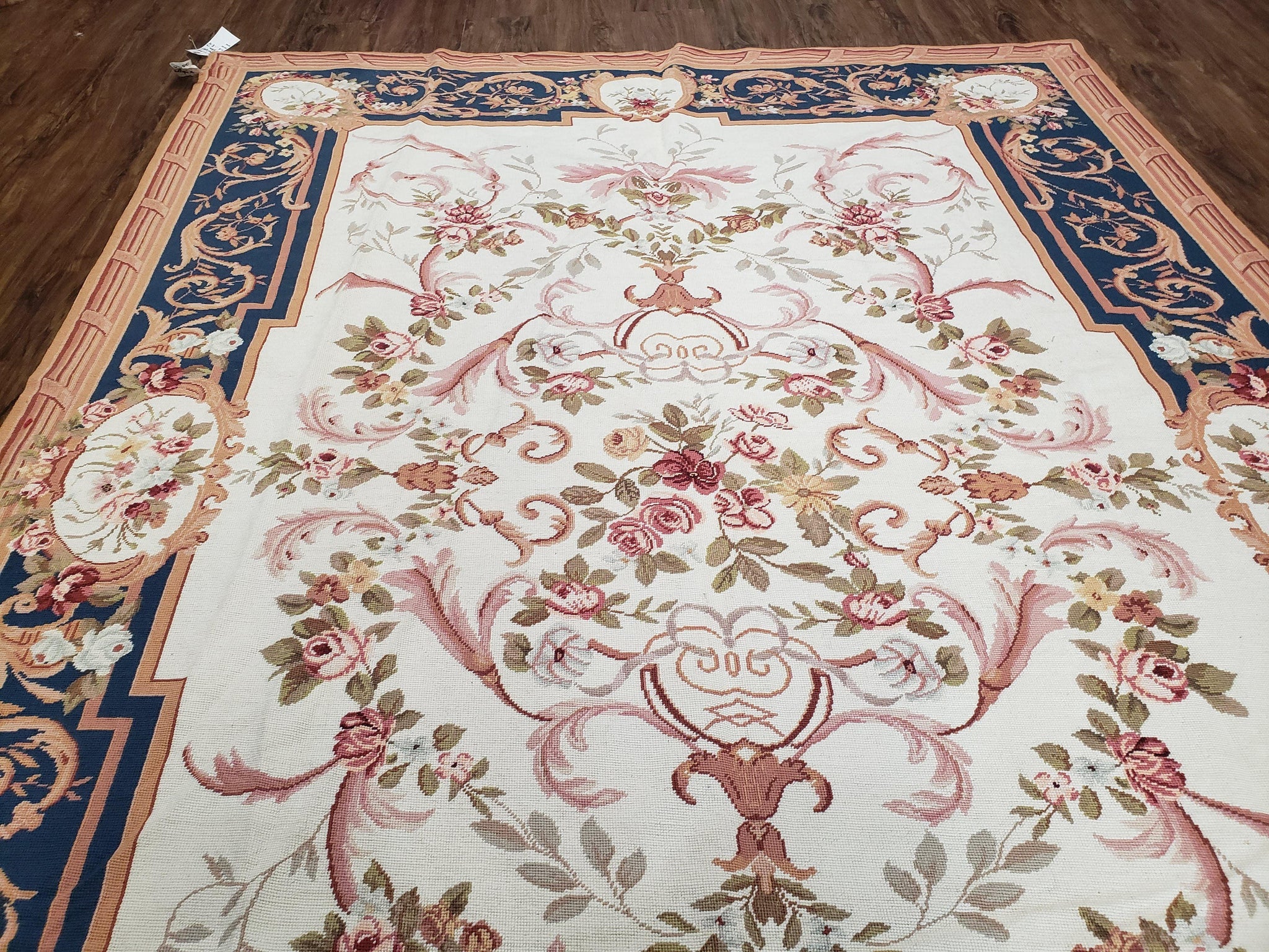 Chinese Aubusson Savonnerie Area Rug 6x8, Vintage Hand-Woven Needlepoint Rug, Flat Weave Handmade Wool Carpet Living Room Ivory & Navy Blue by Jewel Rugs