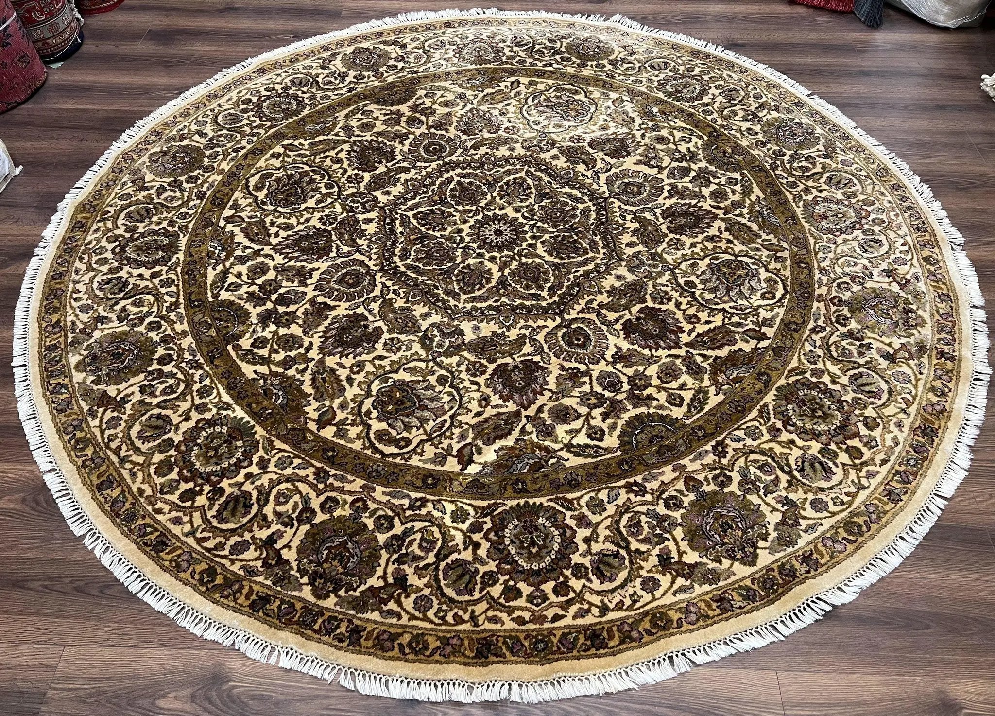 Round Indo Persian Rug 8x8 ft, Large Hand Knotted Vintage Wool Circular Carpet, 8ft Round Oriental Rug, Floral Medallion, Cream and Green by Jewel Rugs