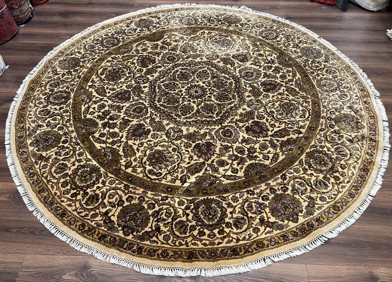 Round Indo Persian Rug 8x8 ft, Large Hand Knotted Vintage Wool Circular Carpet, 8ft Round Oriental Rug, Floral Medallion, Cream and Green by Jewel Rugs