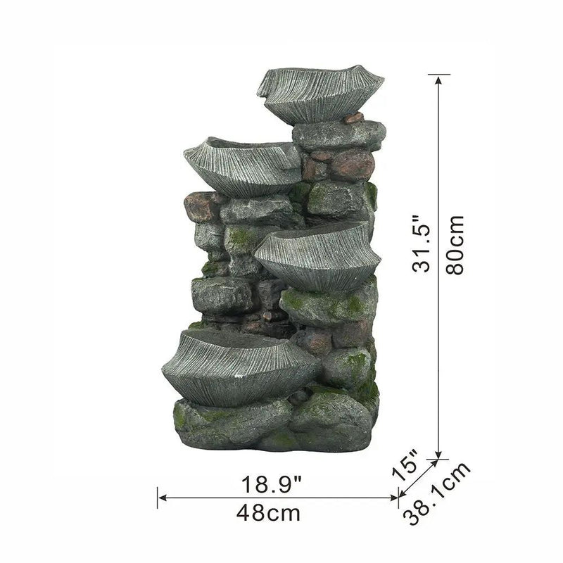 Indoor Outdoor Stone Water Fountain, 4 Tier Polyresin Cascading Rock Bowl Freestanding Fountain With LED Ligh - Gray by Unique Piece Furniture