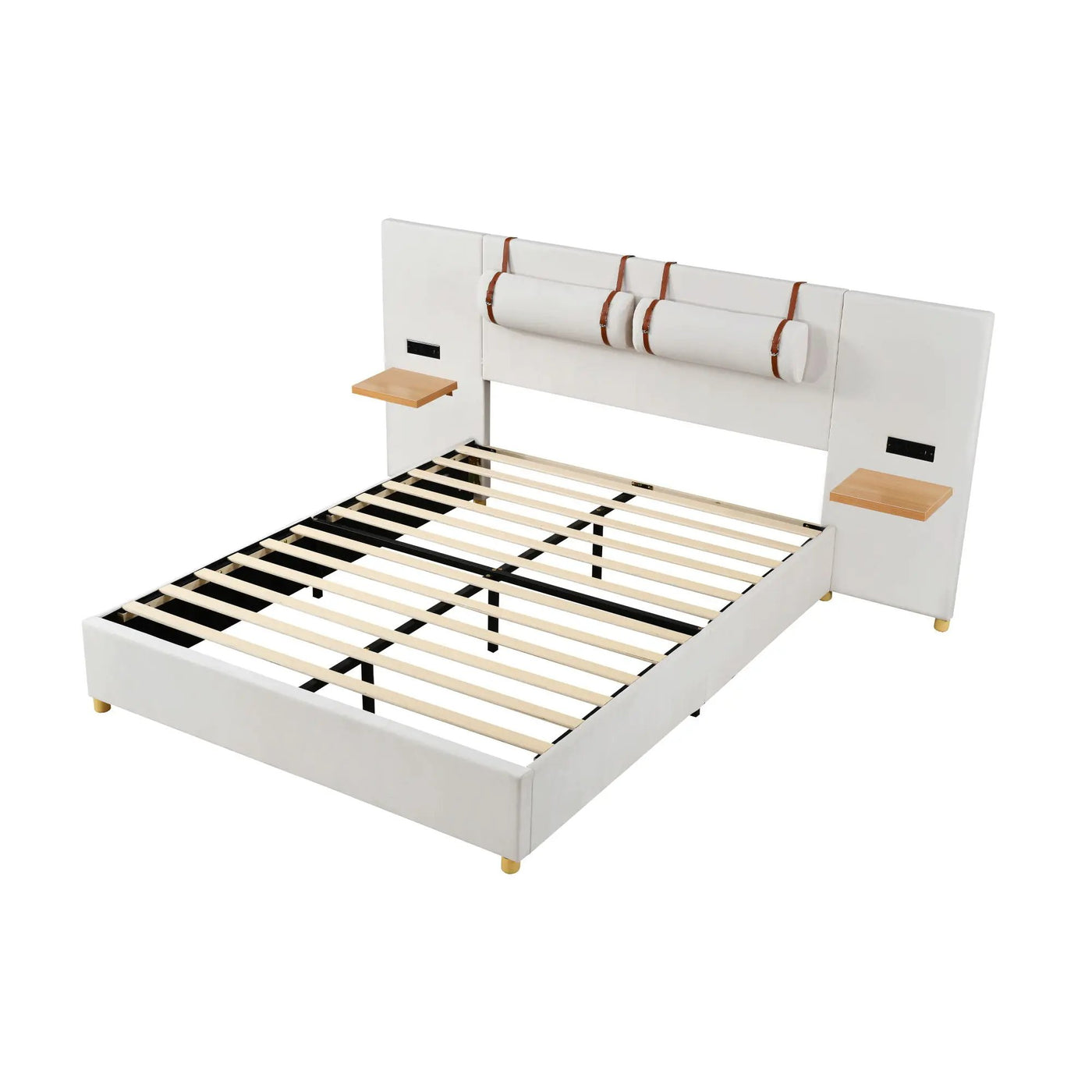 Upholstered Platform Bed, 2 Outlets And USB Charging Ports On Both Sides, 2 Bedside Pillows, Storage Shelves by Unique Piece Furniture