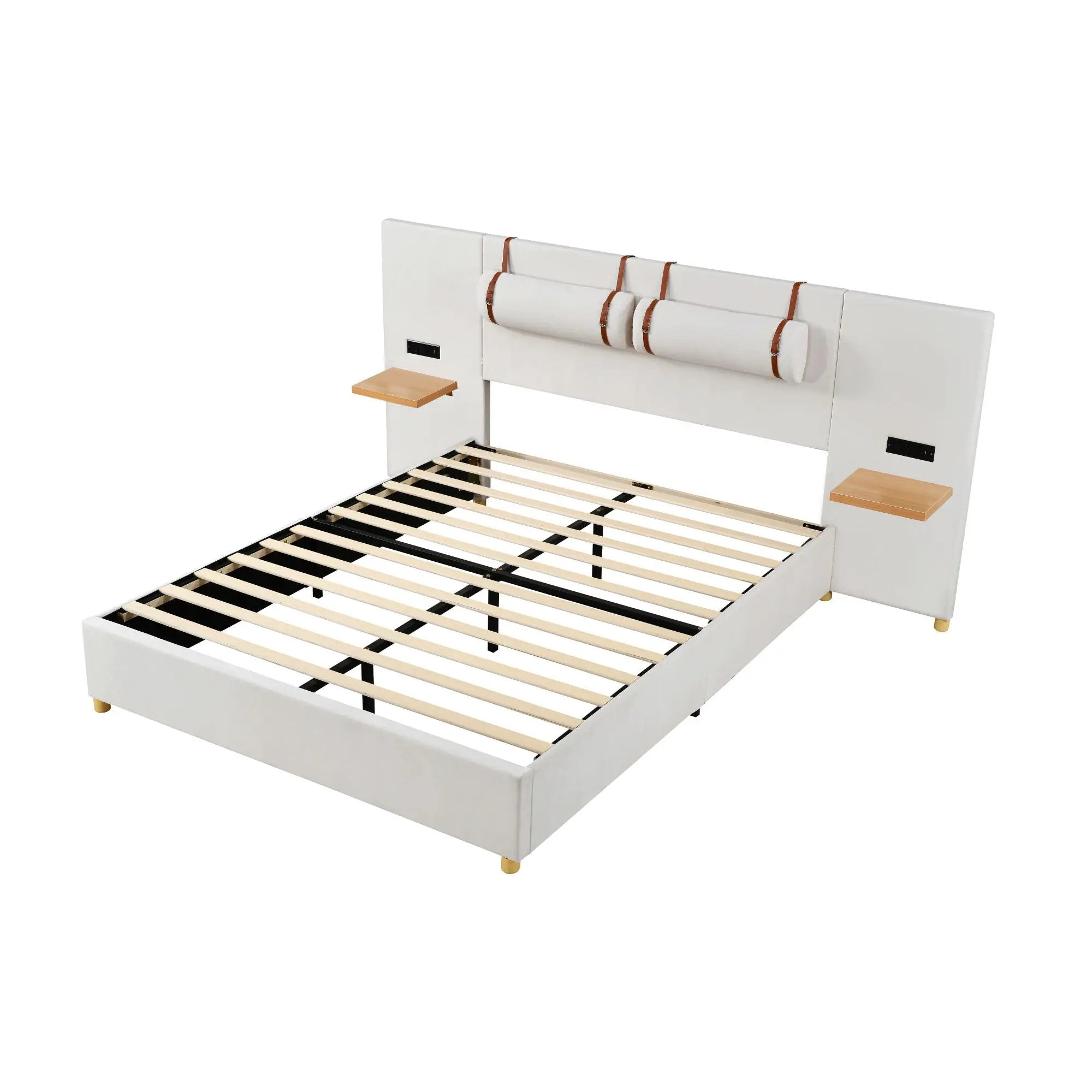Upholstered Platform Bed, 2 Outlets And USB Charging Ports On Both Sides, 2 Bedside Pillows, Storage Shelves by HouseOfZazla