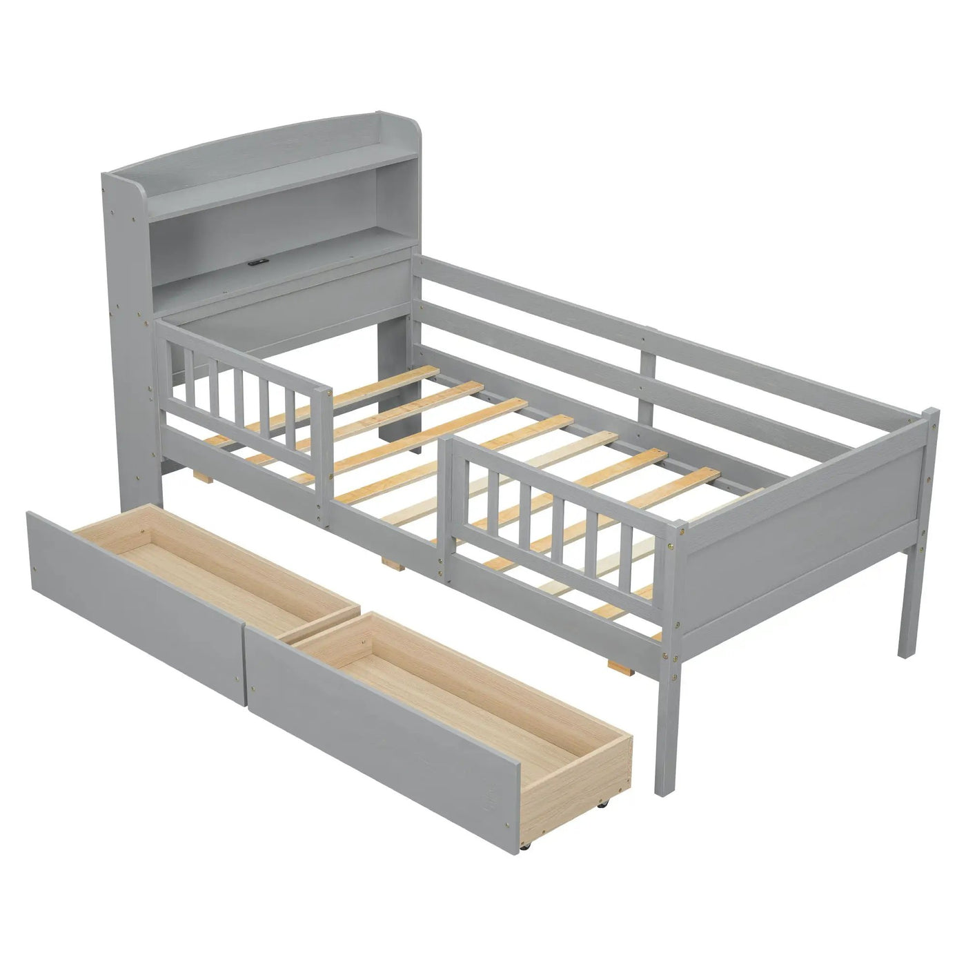 Platform Bed With LED Light, Multi Functional Headboard, Guardrail And 2 Drawers by HouseOfZazla