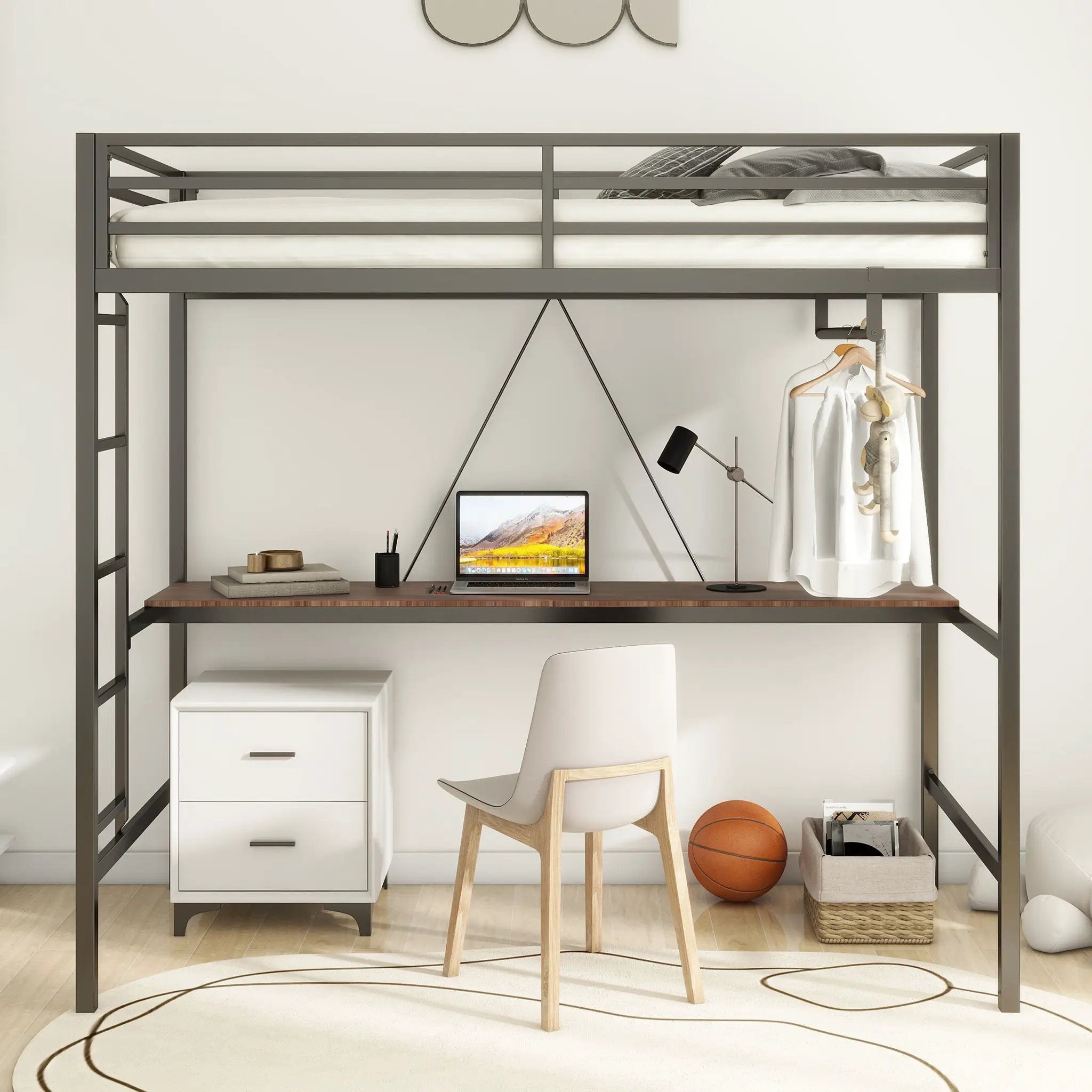 Adam - Twin Loft Bunk Bed With Cinnamon Wood Desk And Closet Rod - Black by HouseOfZazla