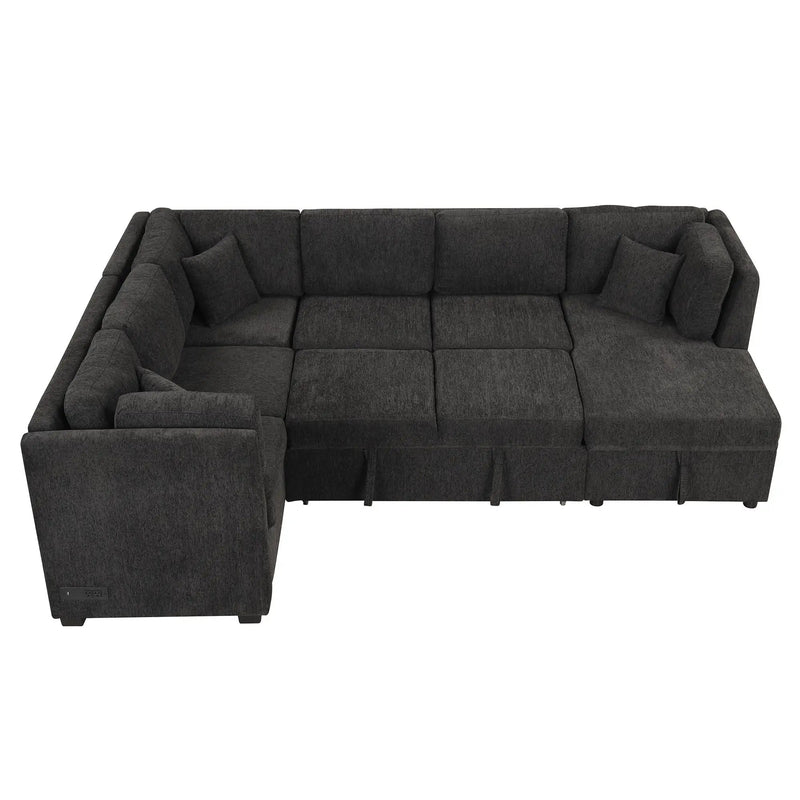 U-Shaped Sectional Sofa Pull Out Sofa Bed With Two USB Ports, Two Power Sockets, Three Back Pillows And A Storage Chaise For Living Room by HouseOfZazla